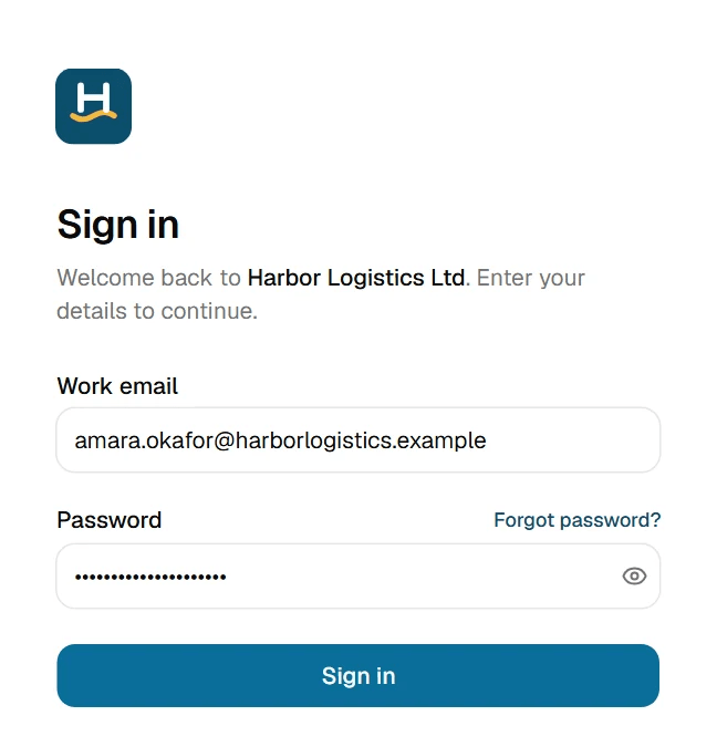 TrackIT sign-in form with work email and password