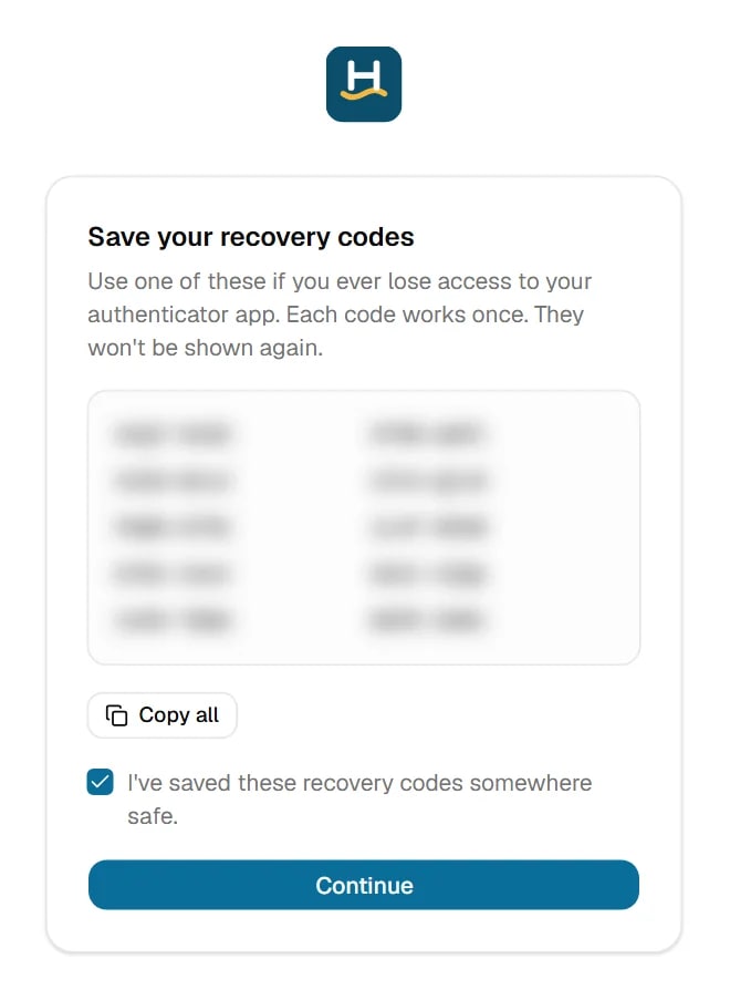 TrackIT recovery codes screen