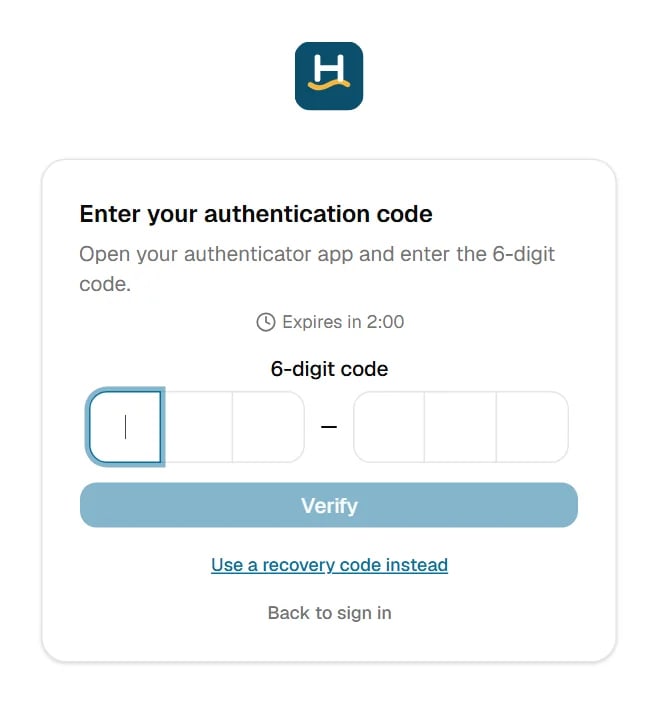 TrackIT screen asking for the 6-digit authentication code