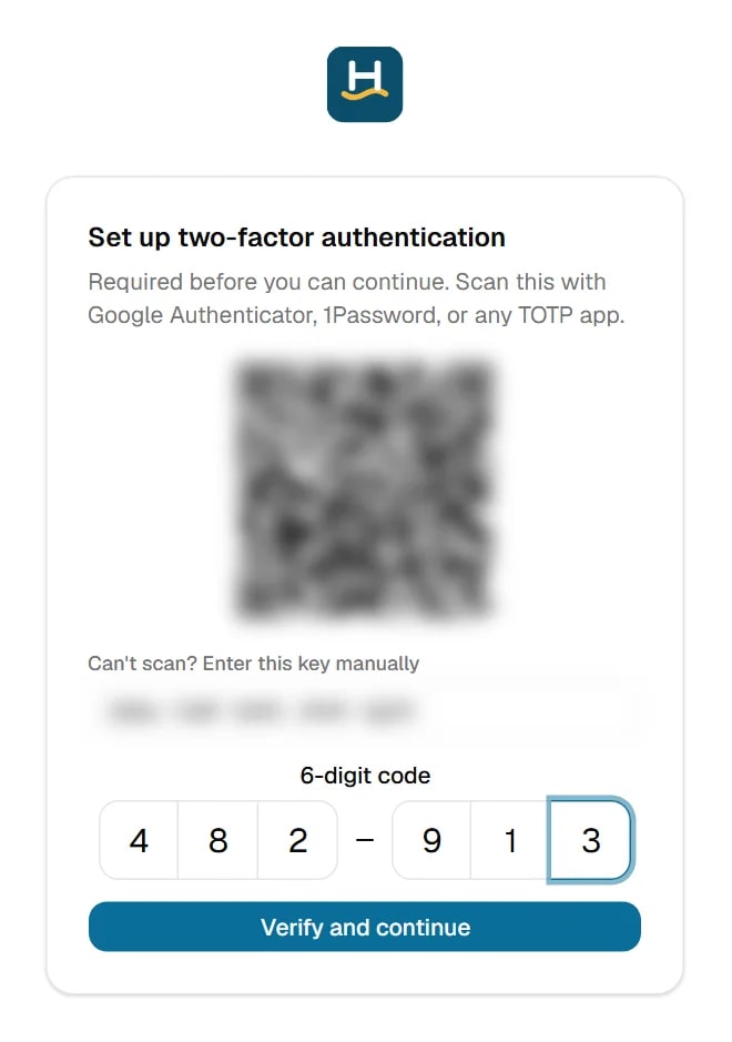TrackIT two-factor setup screen with a QR code to scan using Google Authenticator