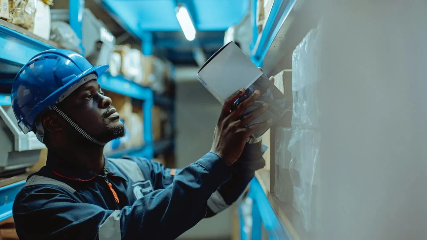 A field engineer inspecting tagged stock in a warehouse