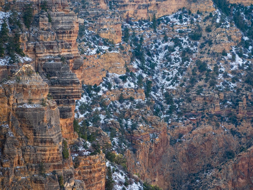 There was snow along the rim of the canyon, and down along the shaded cliff faces Steep rocky cliffs, with white snow and small green shrubs anywhere it levels off enough to collect soil.