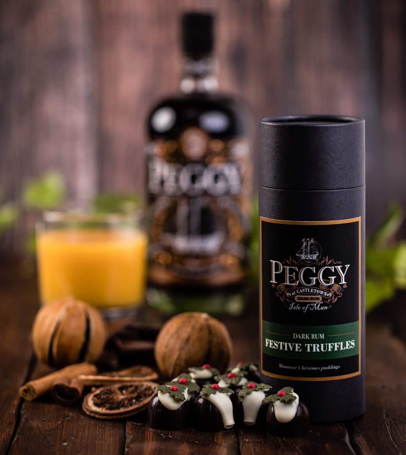 A box of Peggy Dark Rum Festive Truffles on a table
