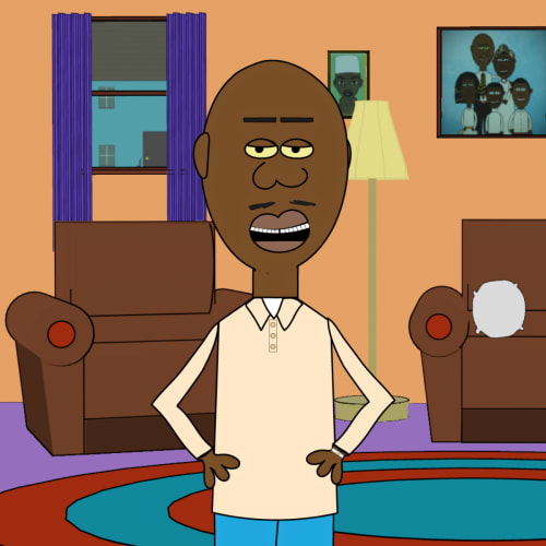 Hashim standing in his living room, with a Tanzanian flag on the wall behind him, and a window with a view of trees with leaves of an autumnal color