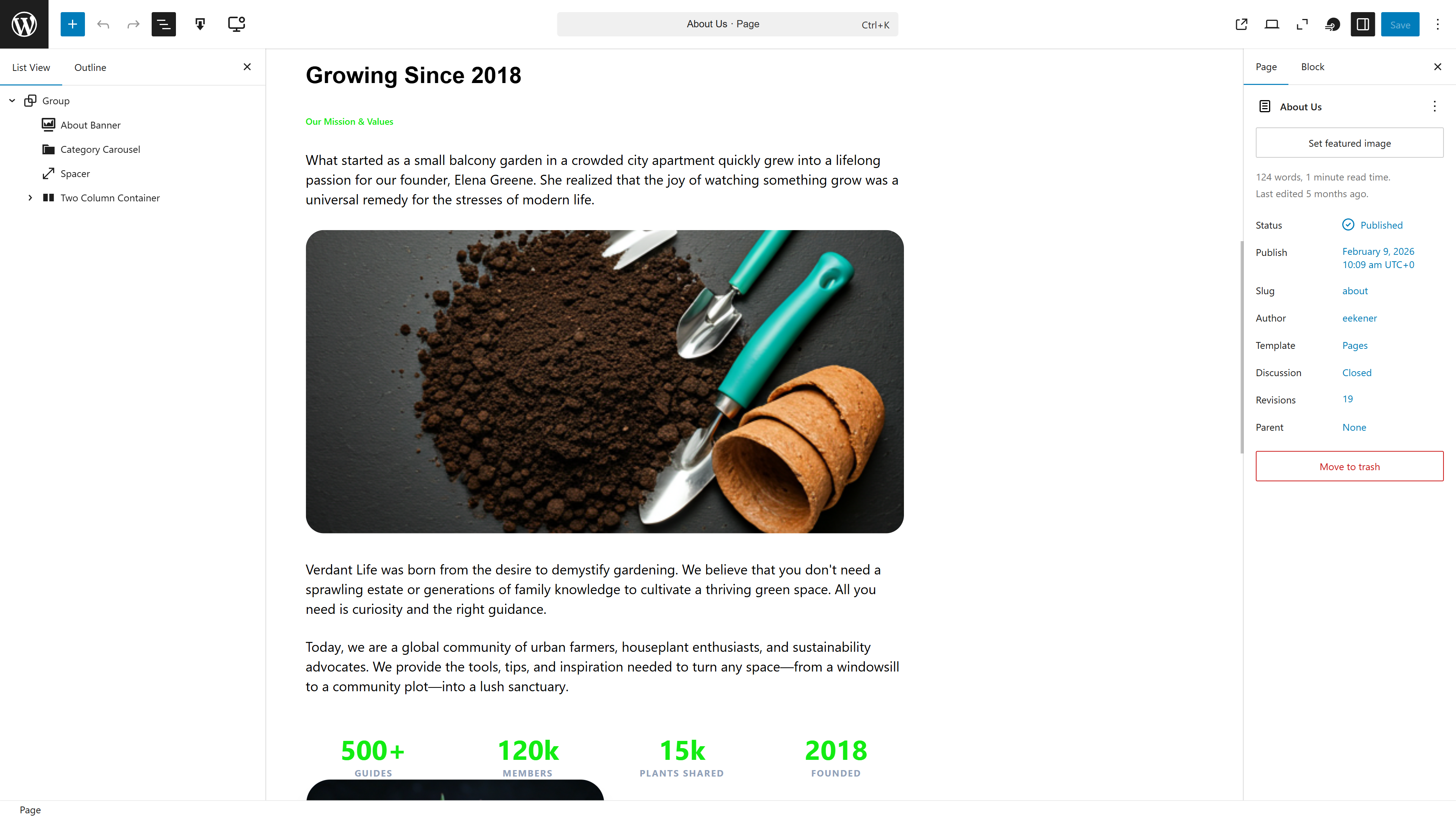 WordPress site editor showing content management interface