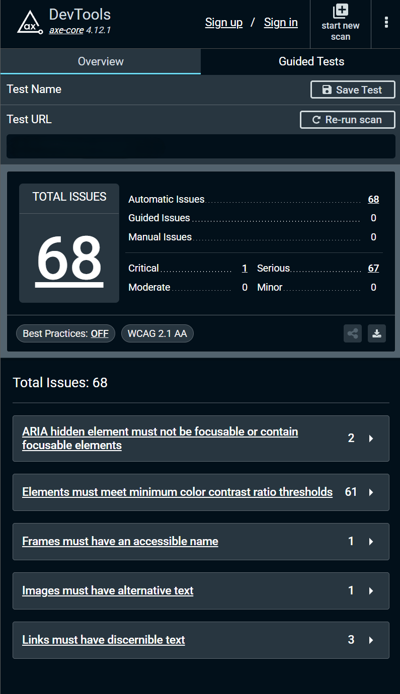 Accessibility issues found by axe DevTools axe DevTools scan showing 68 accessibility issues on a WordPress site
