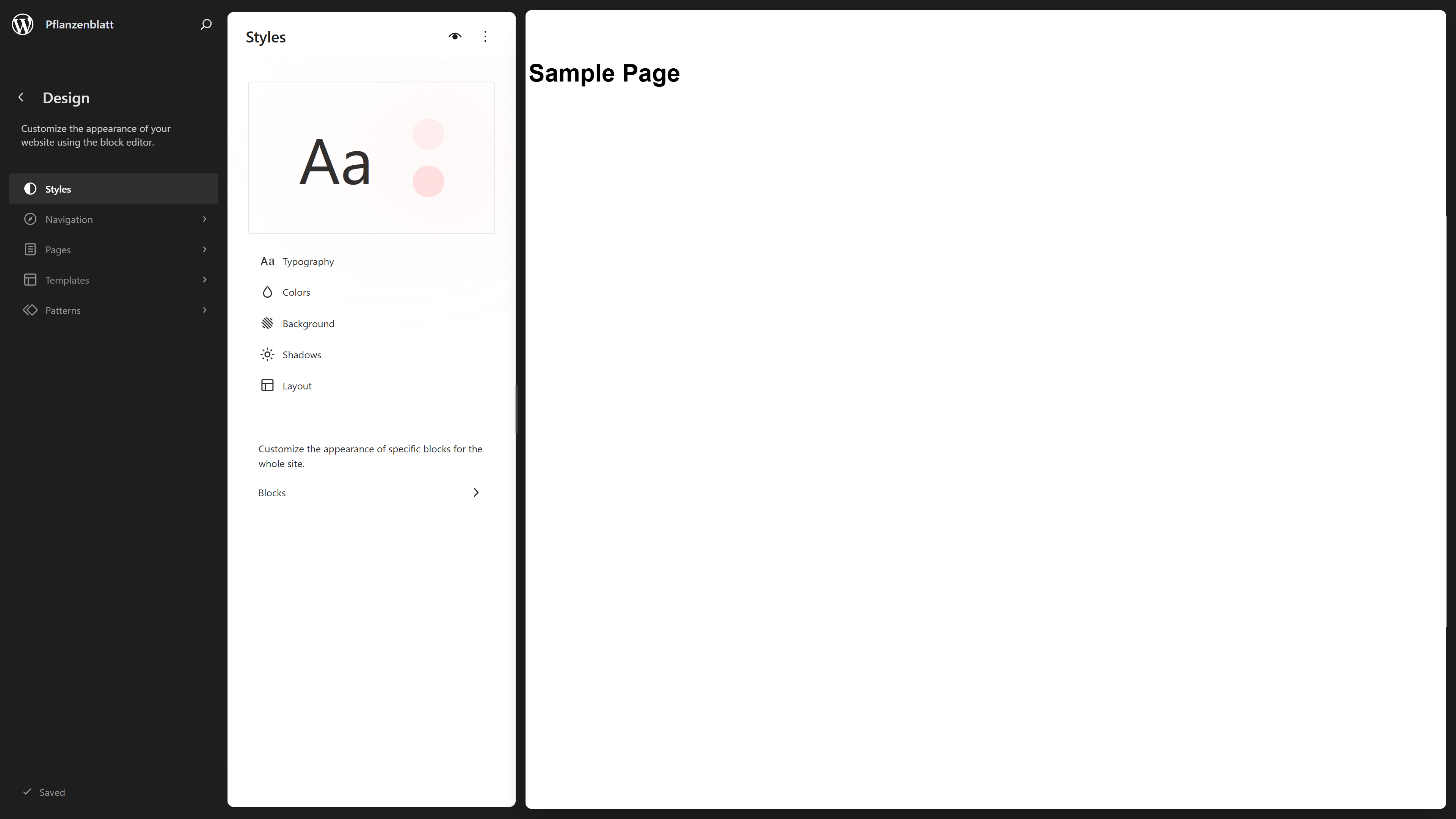 WordPress Global Styles panel showing typography, colours, background and layout options