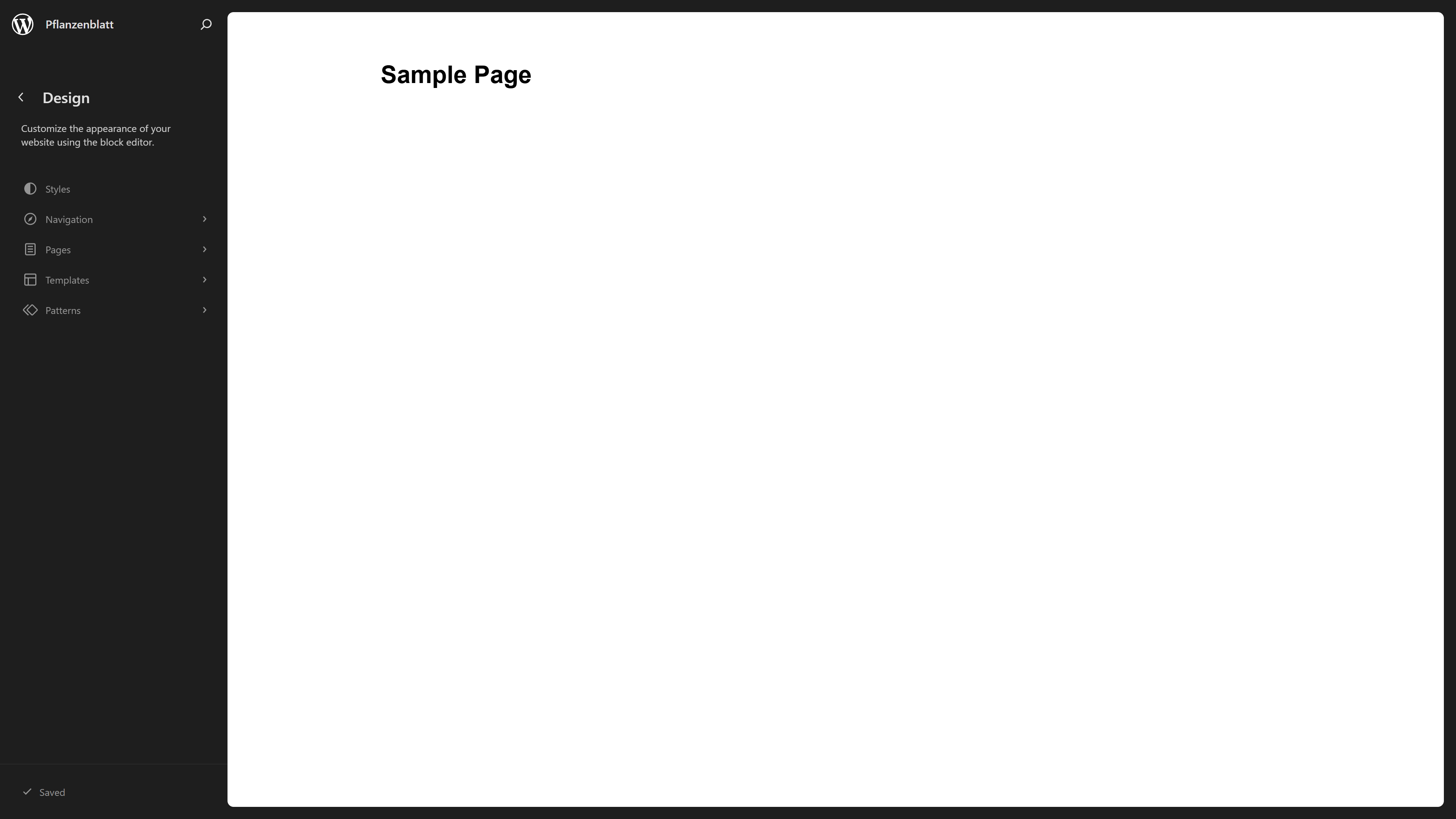 The WordPress Site Editor showing navigation, pages, templates and patterns