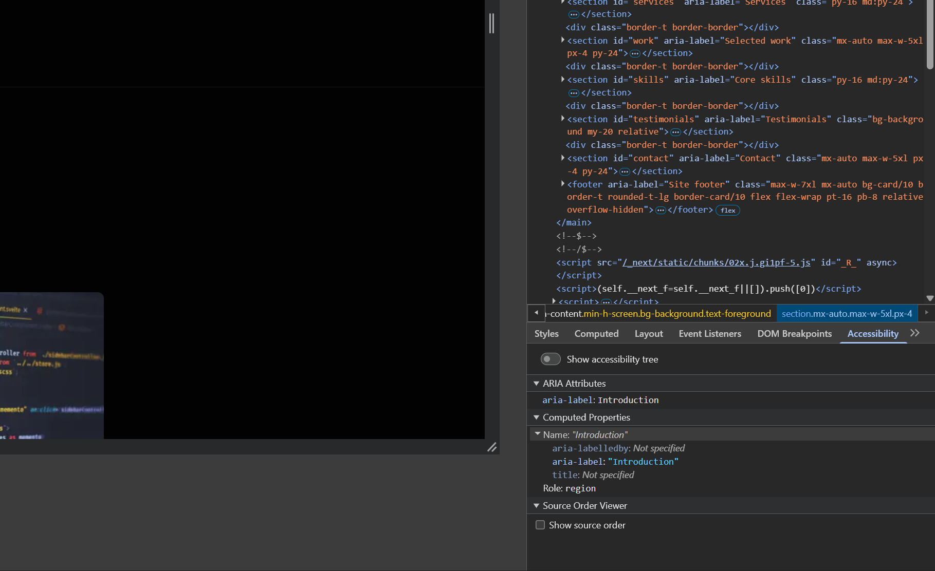 DevTools Accessibility panel showing aria-label and role attributes on a section element