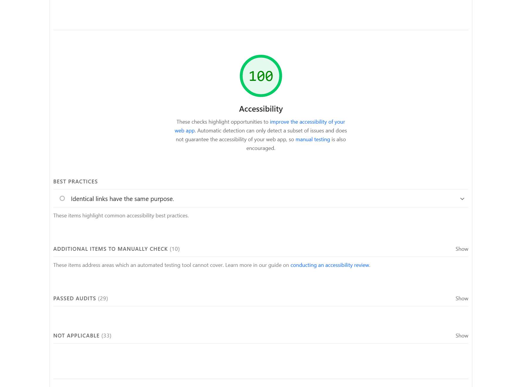 Lighthouse accessibility audit showing a perfect score of 100