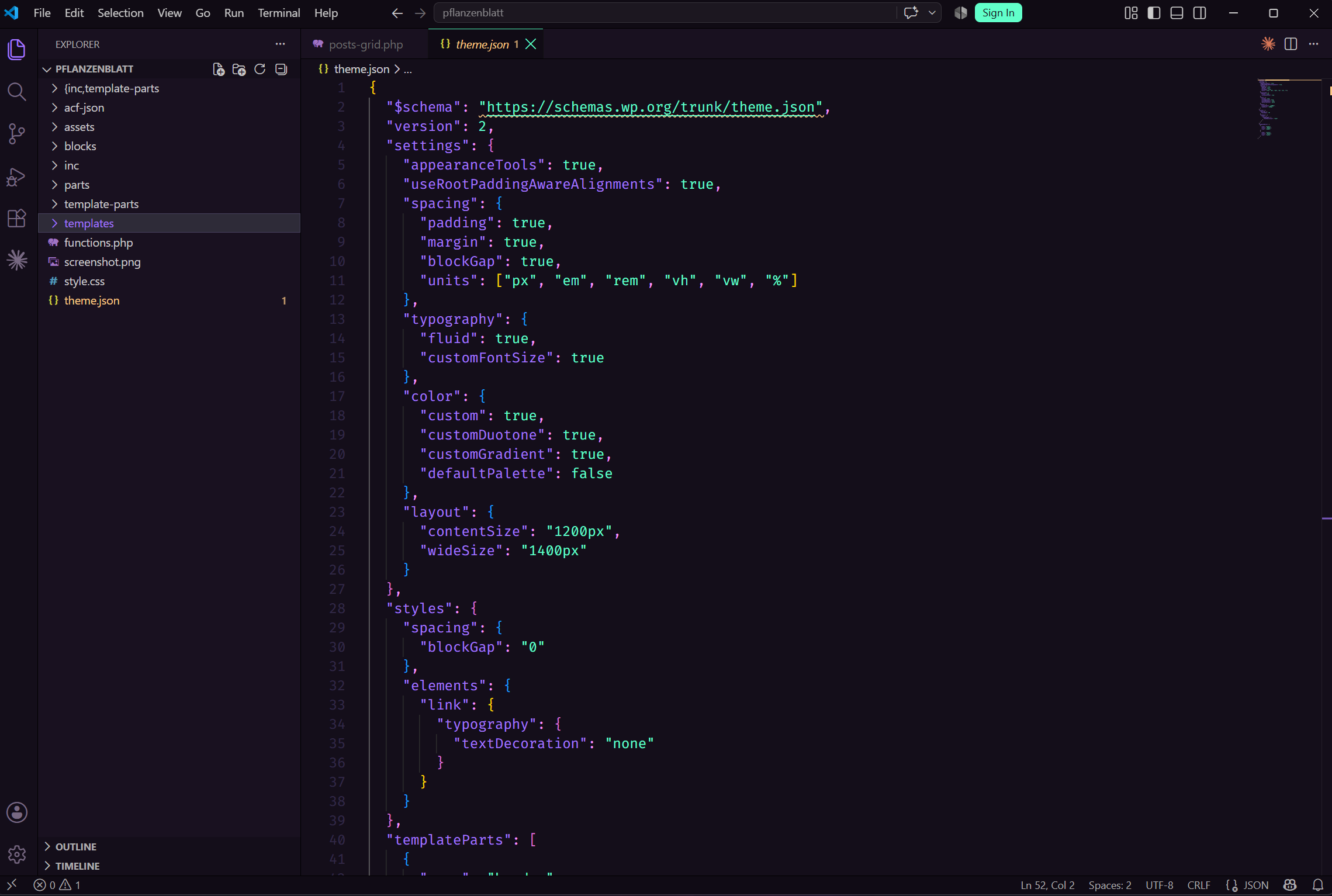 theme.json file open in VS Code showing the settings and styles structure of a real WordPress FSE theme