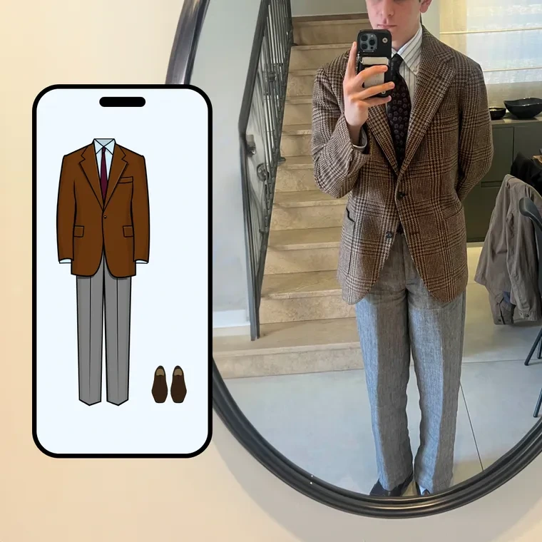 Brown check jacket with grey flannel trousers, photographed in a mirror beside the Color Genie screen