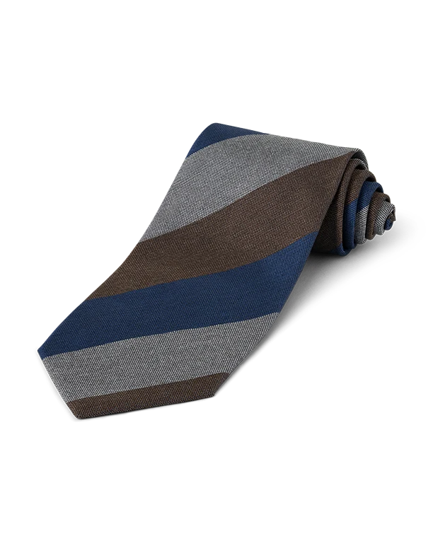 AskOkey Block Stripe Necktie in Navy, Grey & Brown