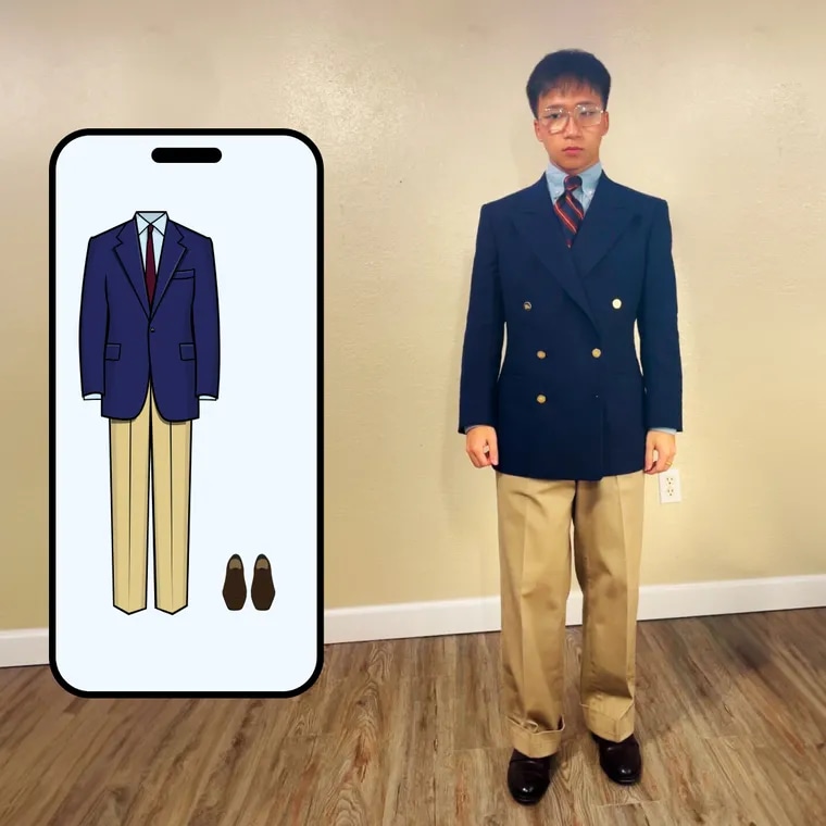 Navy double breasted blazer worn with tan trousers and a striped tie, beside the Color Genie screen for the outfit