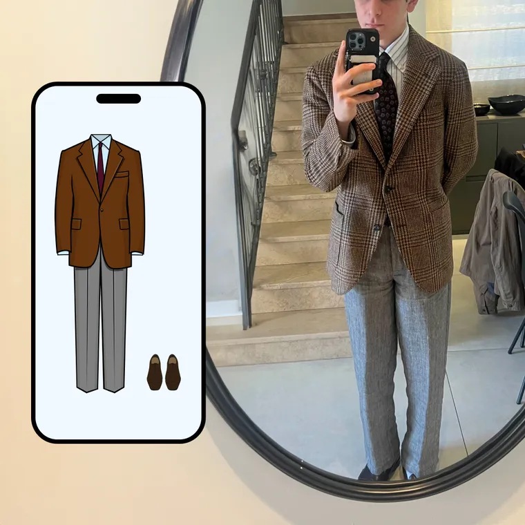 Brown check jacket with grey flannel trousers, photographed in a mirror beside the Color Genie screen