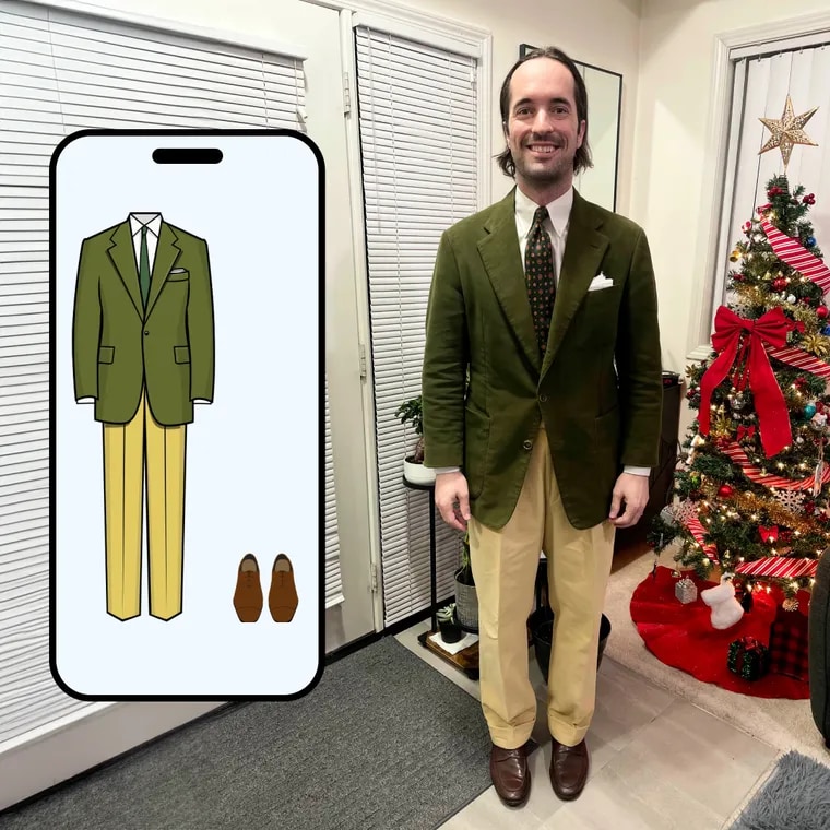 Olive velvet jacket with cream trousers and a white pocket square, beside the Color Genie screen