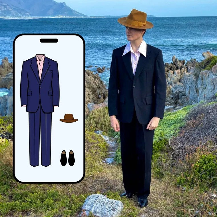 Navy suit worn with a brown hat on a coastal path, beside the Color Genie screen