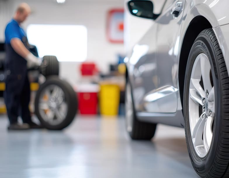 A mechanic working on a tire in what appears to be an auto repair shop.