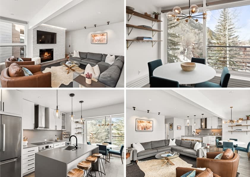 Collage of Luxury Durant Condo Living Room, Kitchen and Dining Area located in Aspen, Colorado