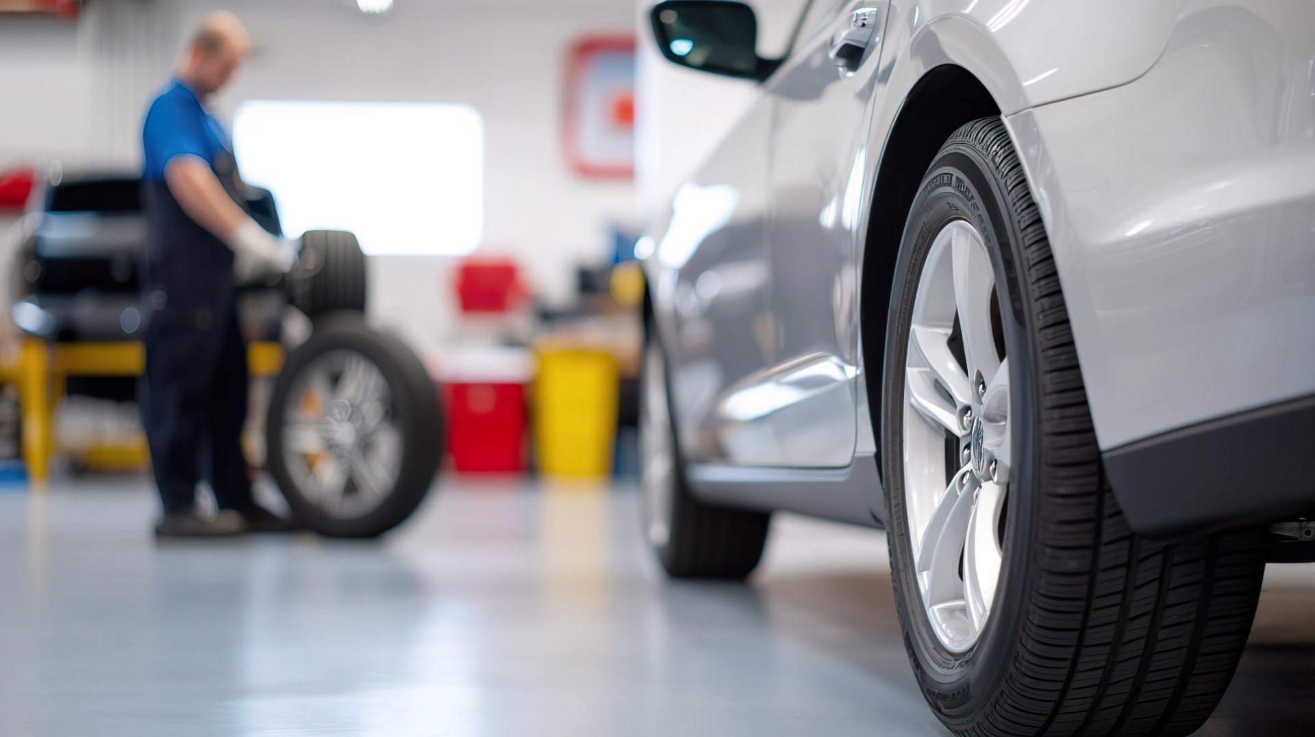A mechanic working on a tire in what appears to be an auto repair shop.