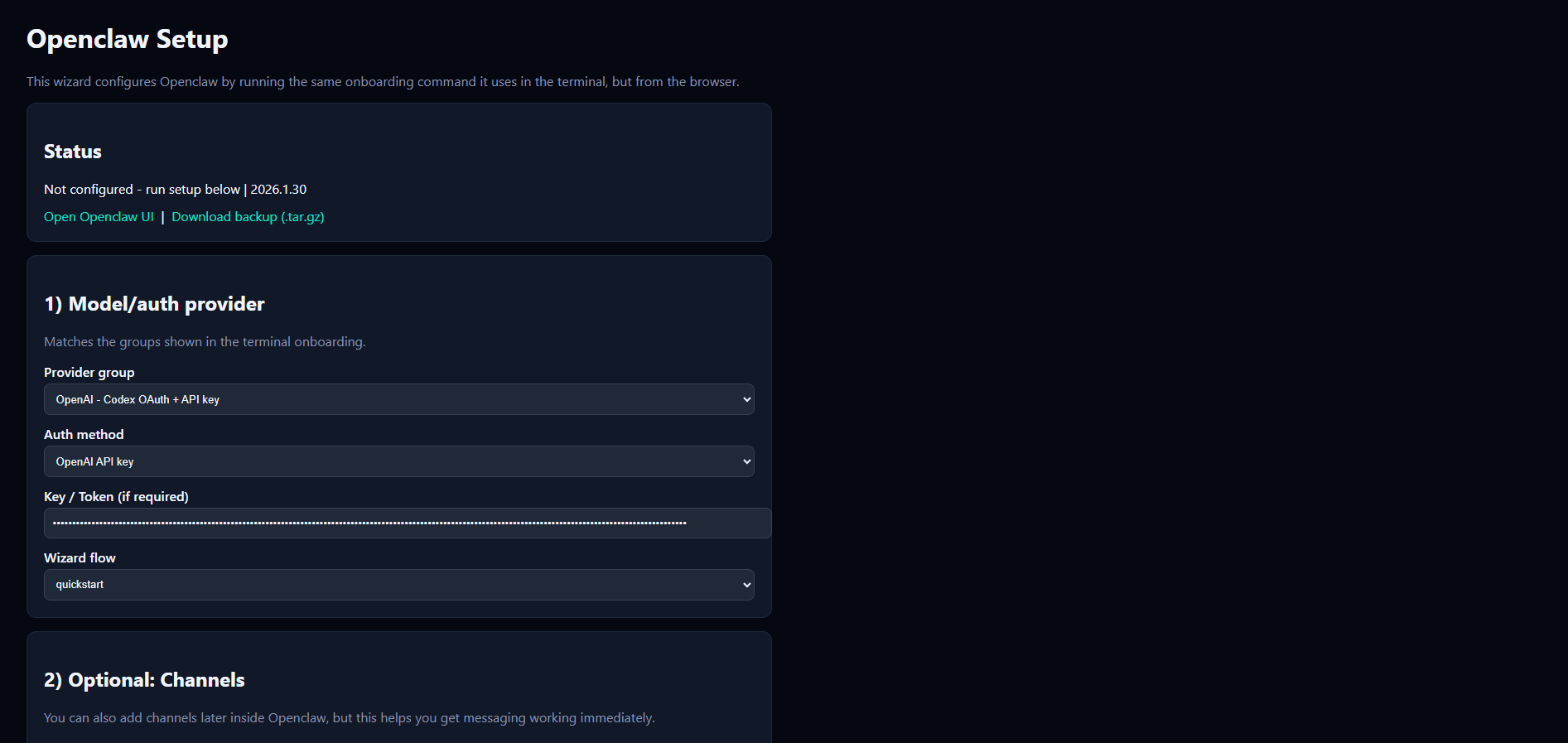 OpenClaw setup using UI