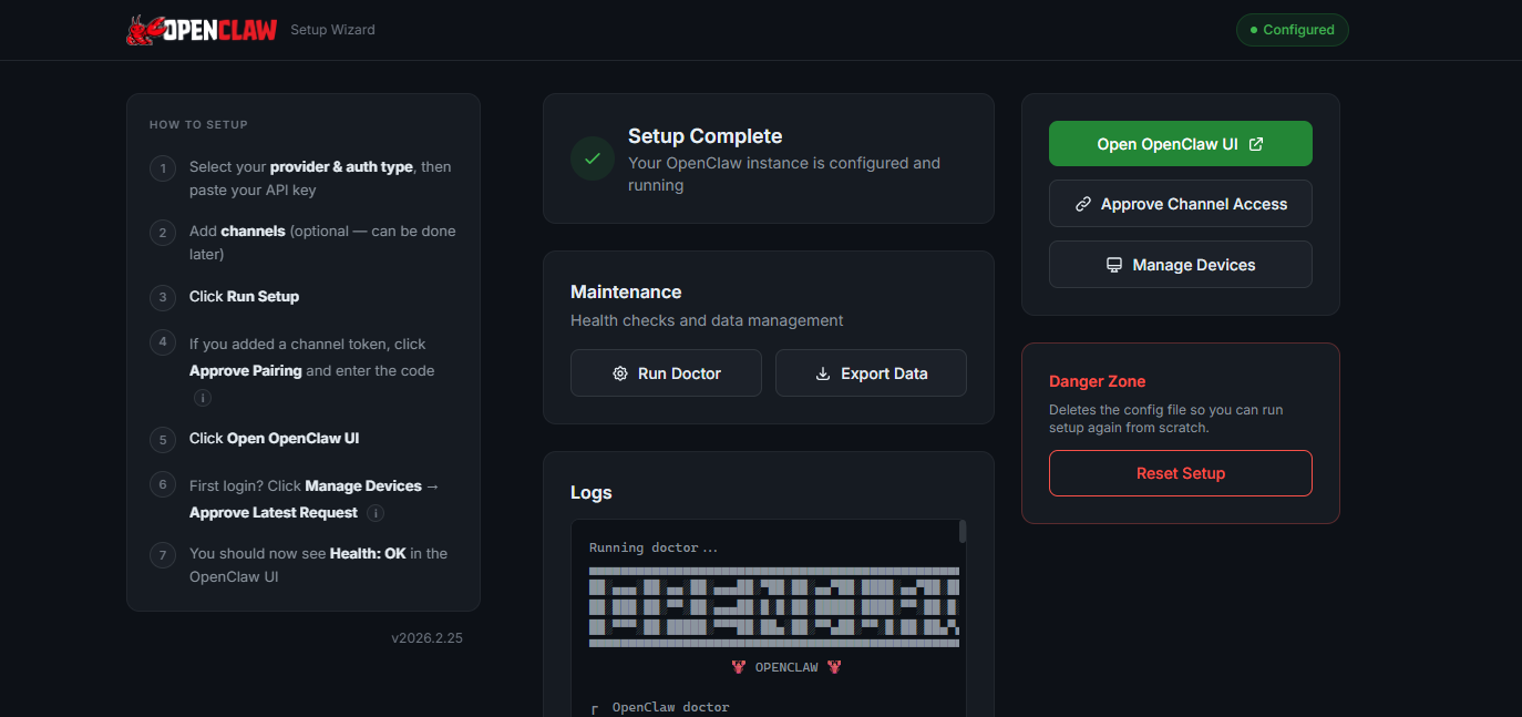 OpenClaw setup using UI