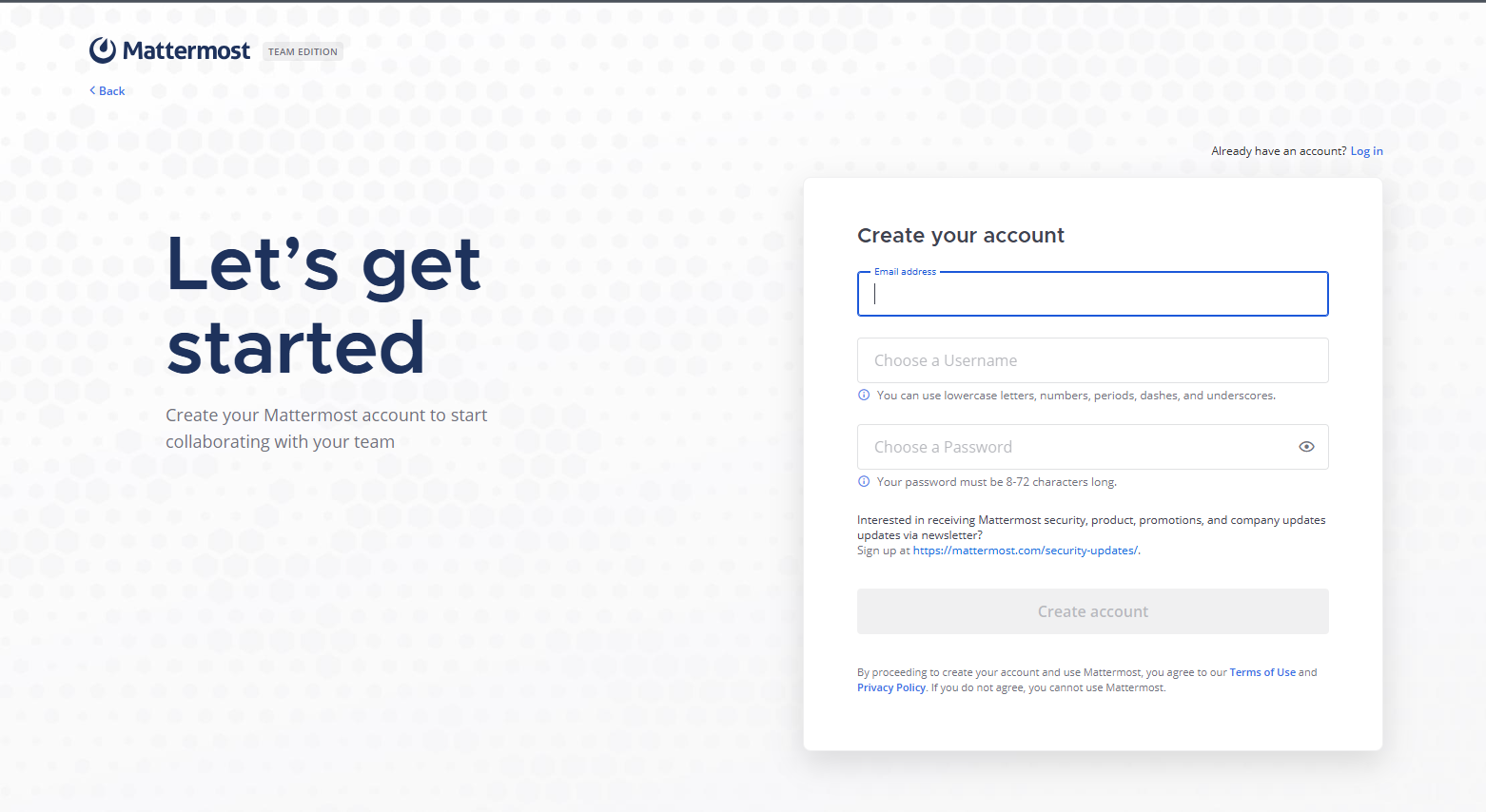 Mattermost login page