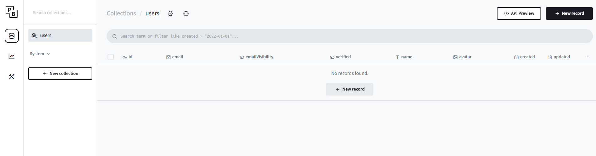 PocketBase dashboard screenshot