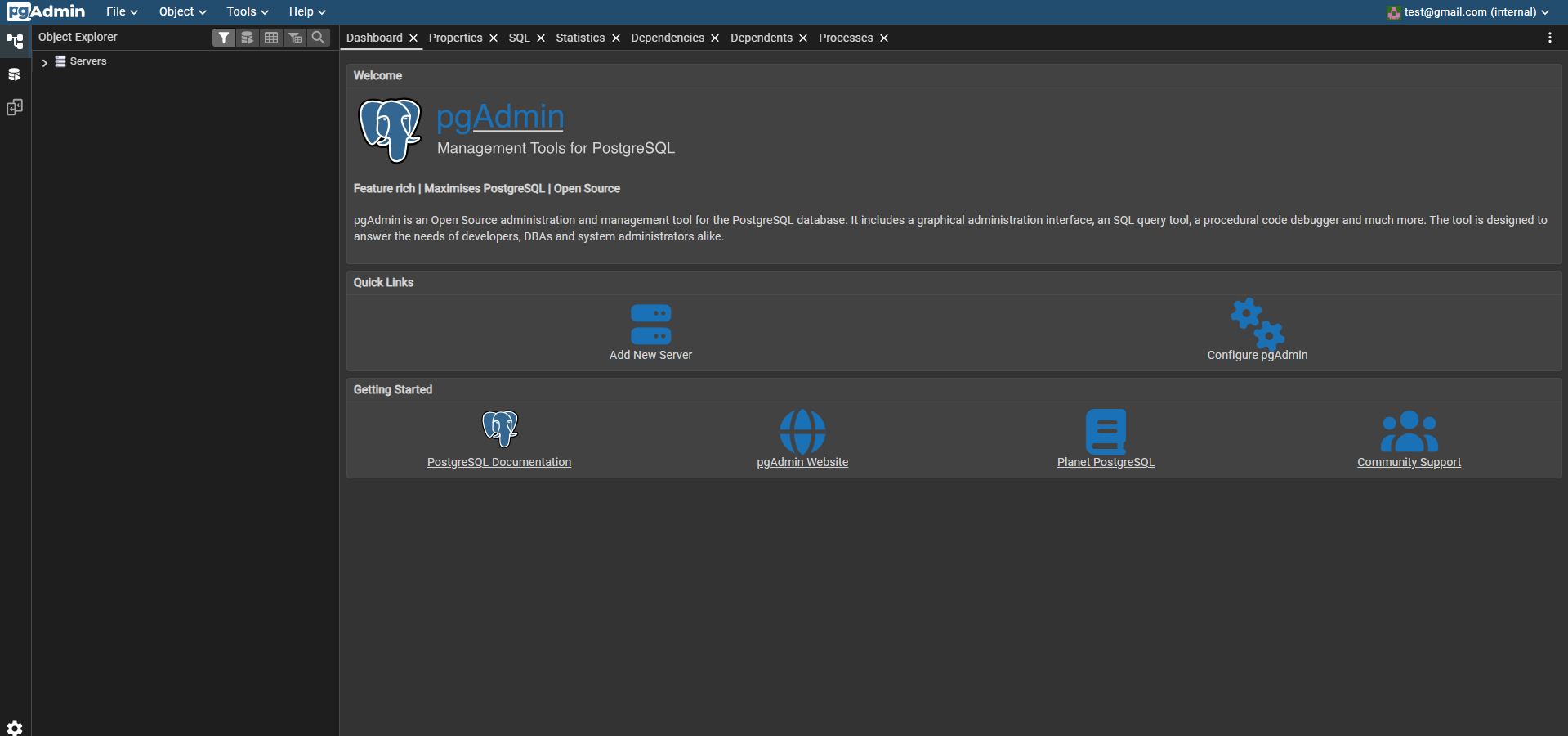 pgAdmin dashboard screenshot