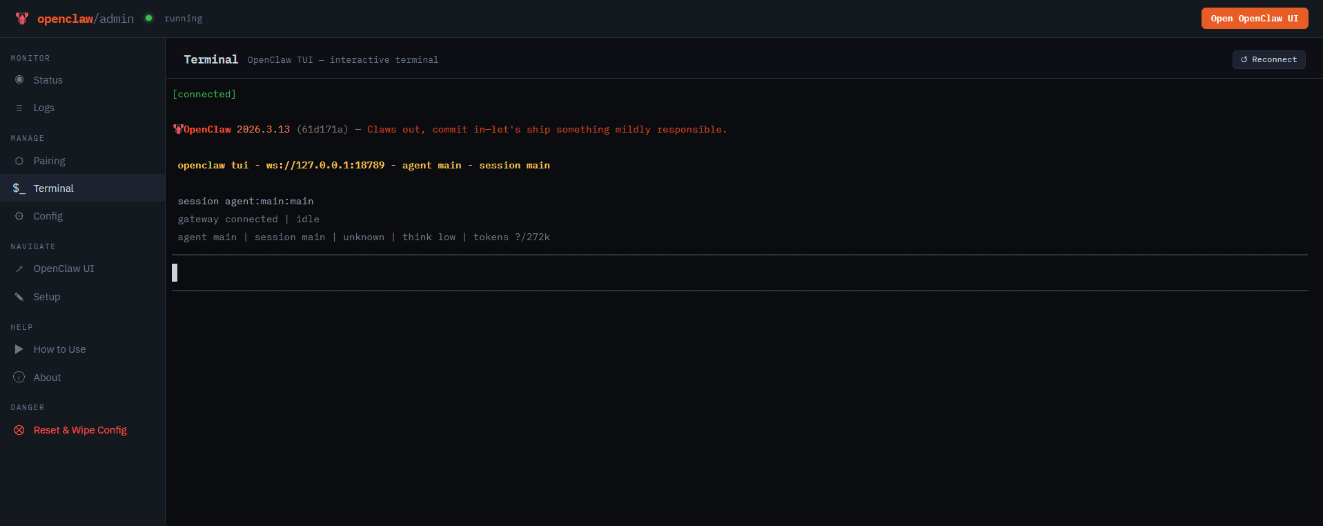 OpenClaw admin terminal — run openclaw CLI commands directly in the browser
