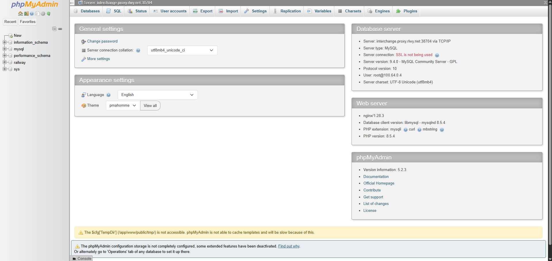 phpMyAdmin dashboard screenshot