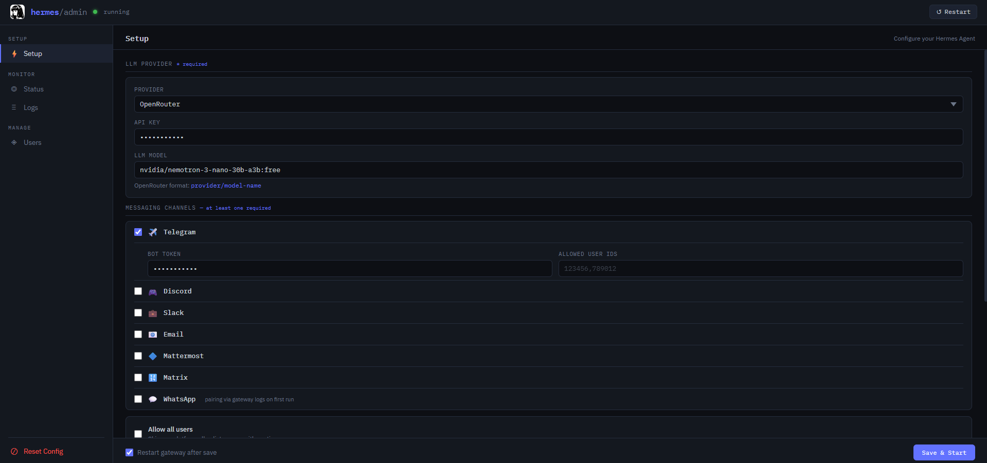 Hermes Agent dashboard screenshot