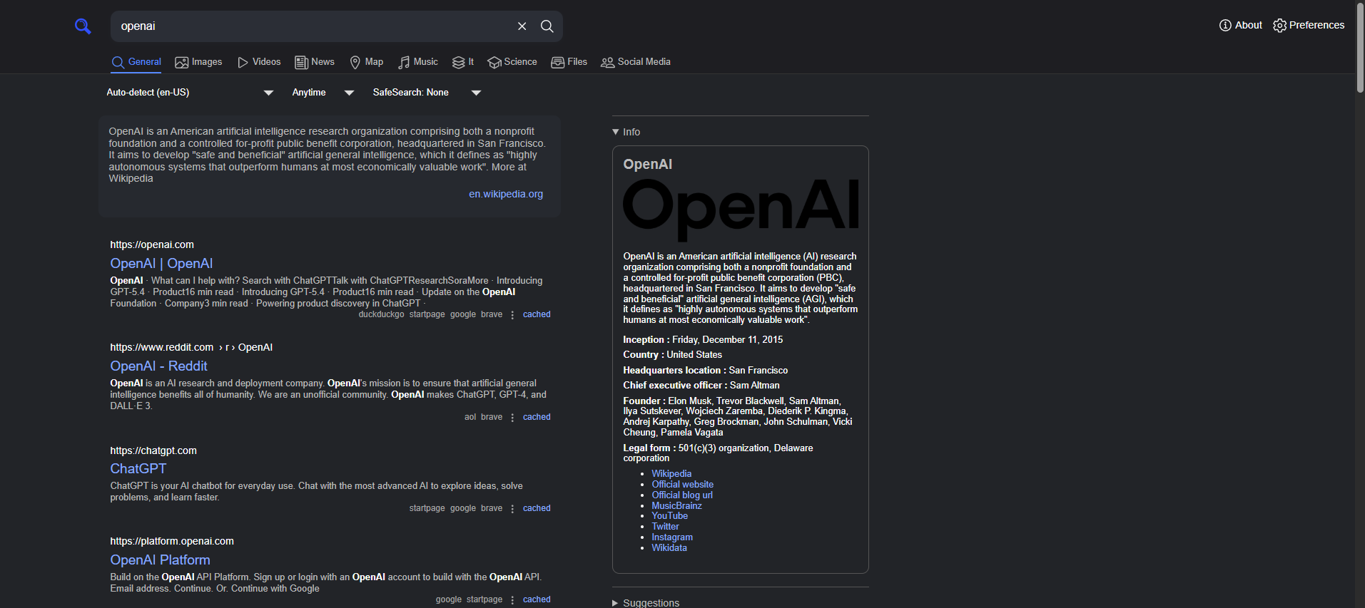 SearXNG UI search page