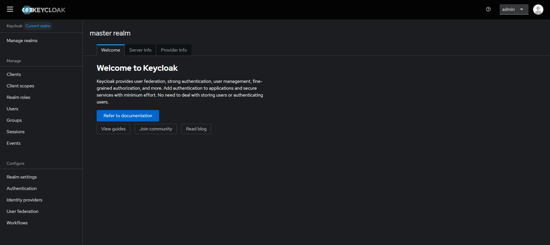 Keycloak dashboard screenshot
