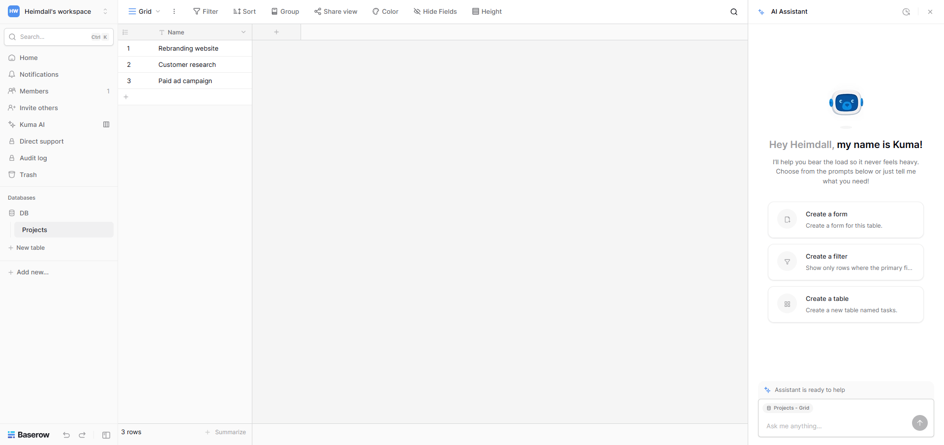 Baserow dashboard screenshot