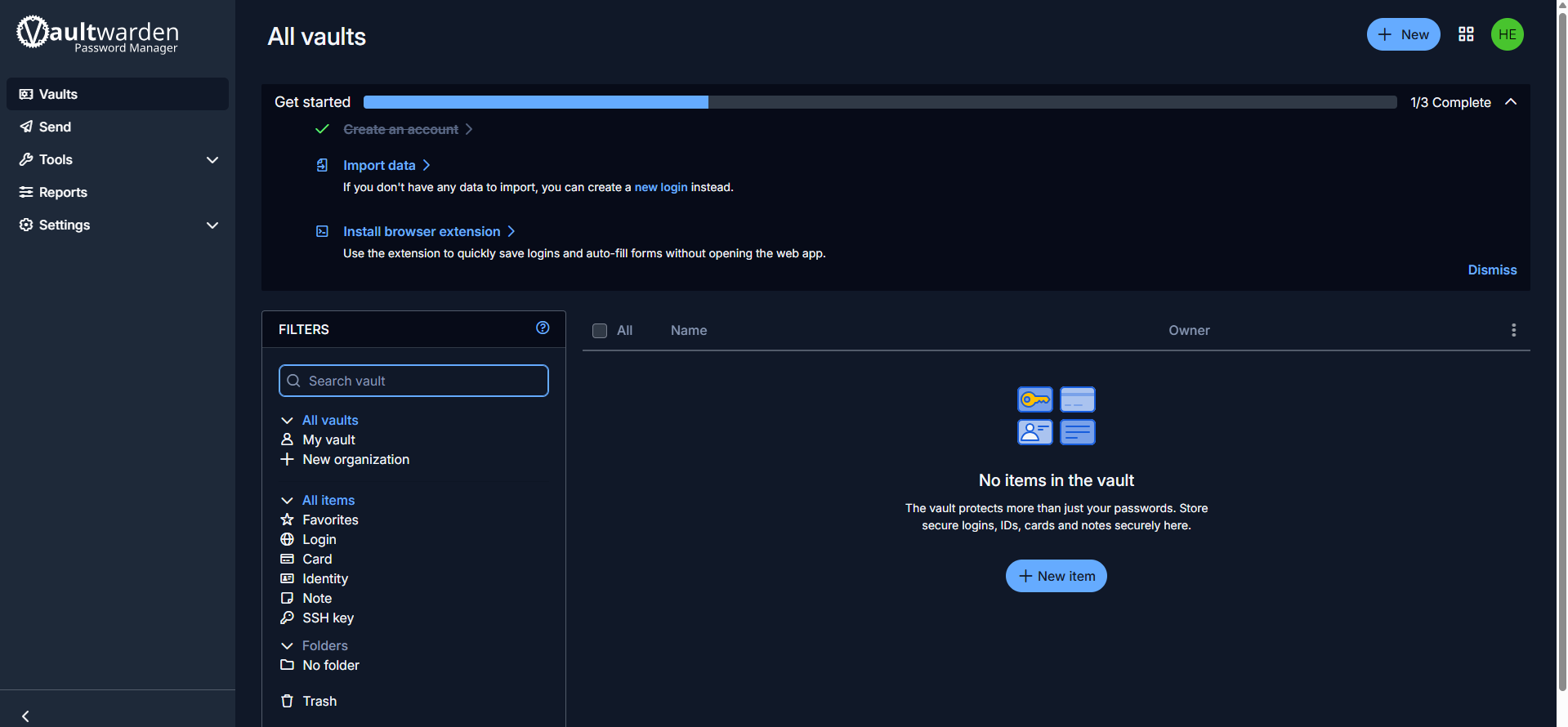 Vaultwarden dashboard screenshot