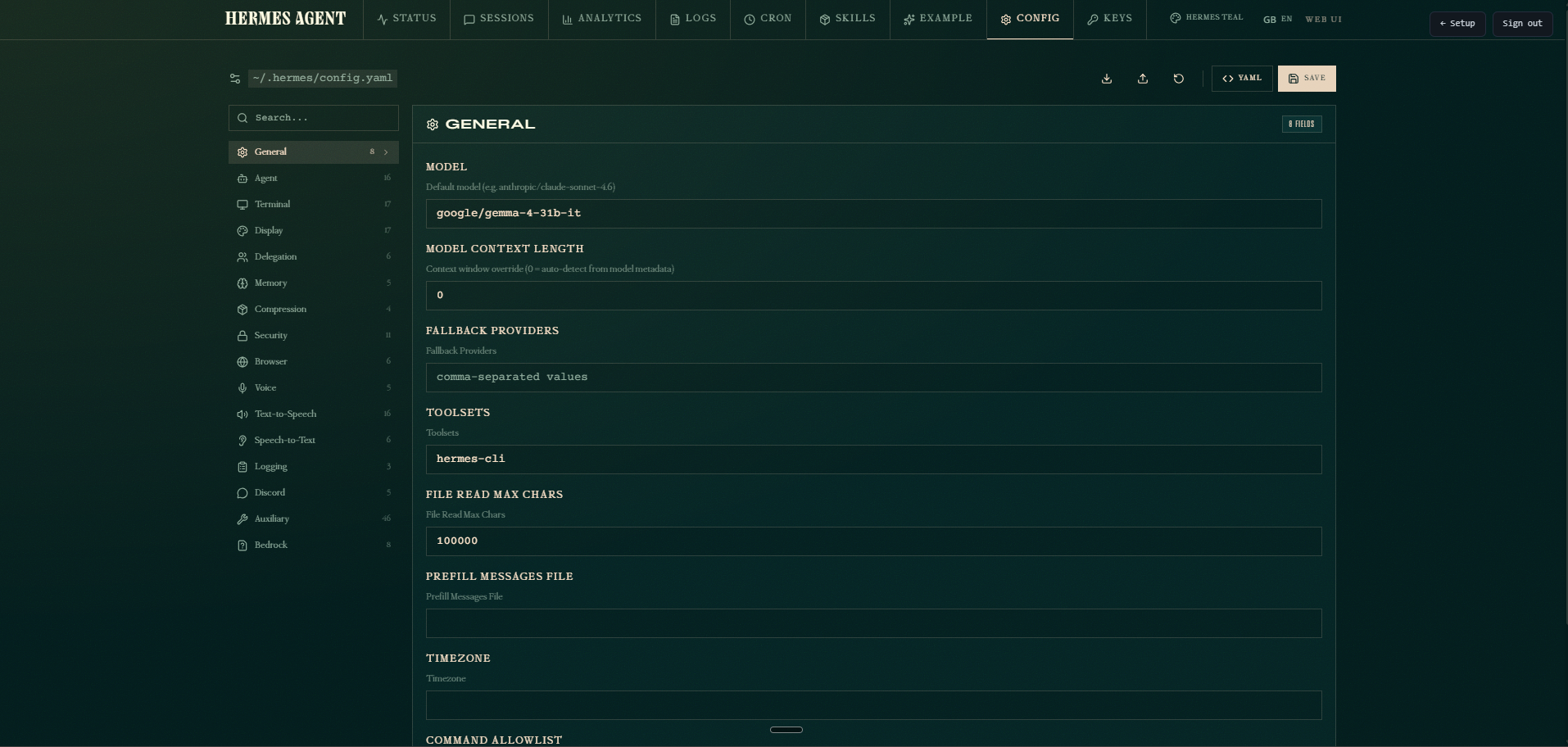 Hermes Agent dashboard screenshot