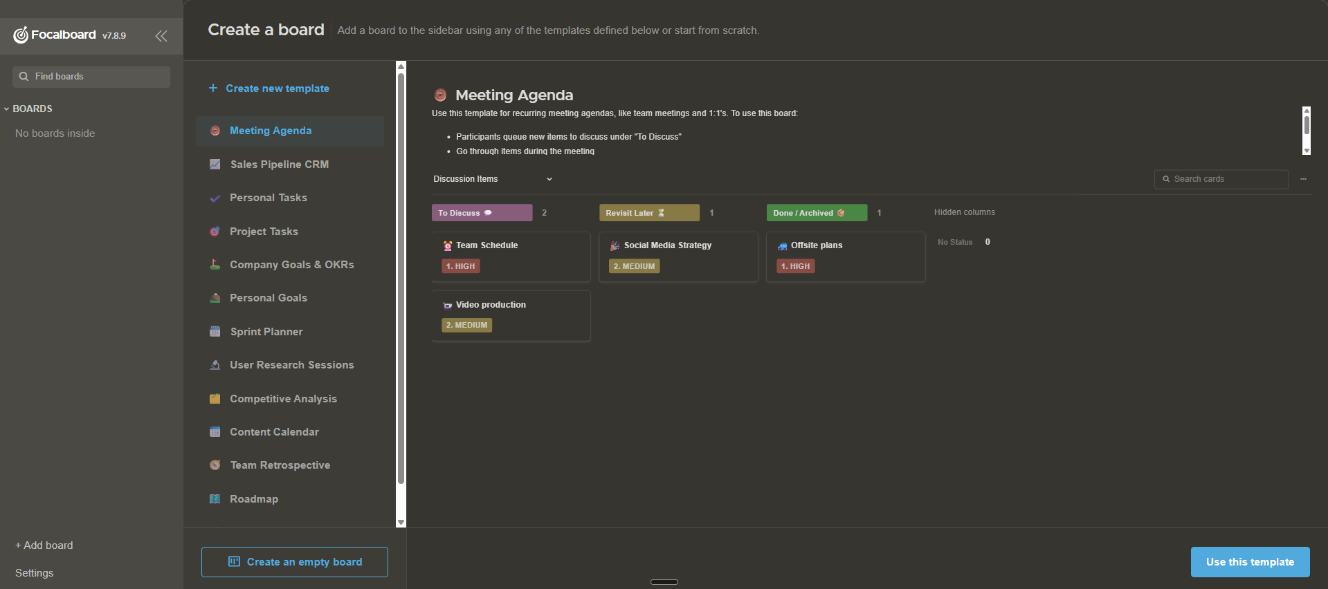 Focalboard dashboard screenshot