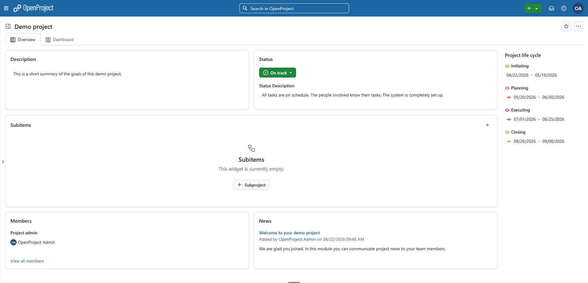 OpenProject dashboard screenshot