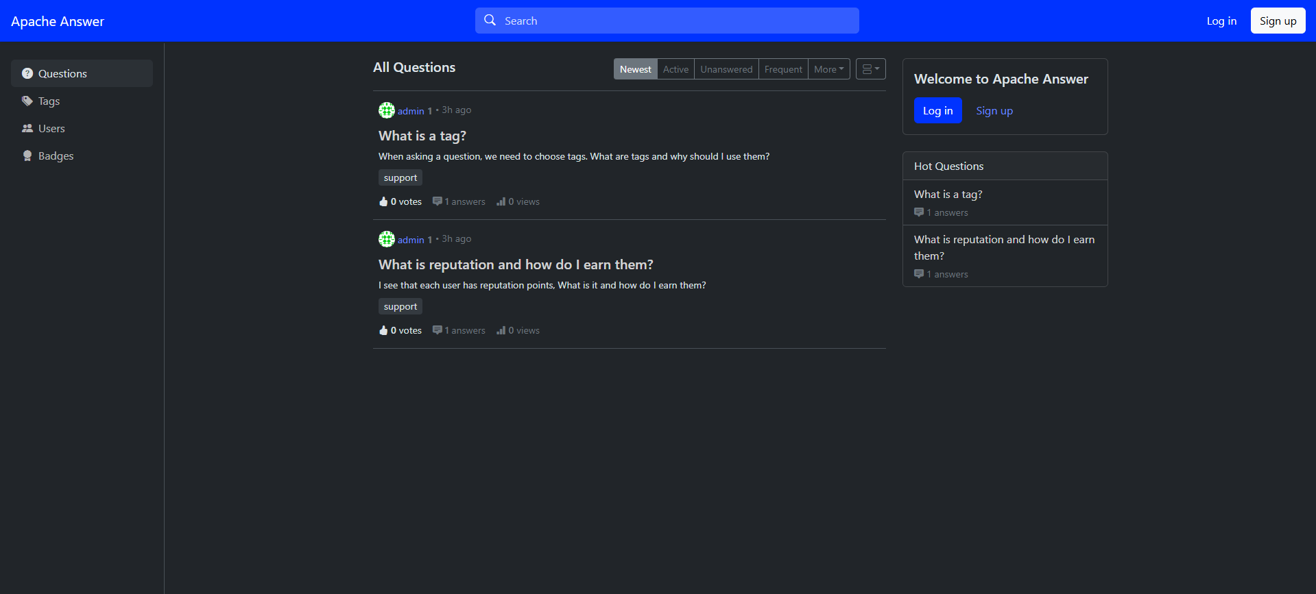 Apache Answer dashboard screenshot
