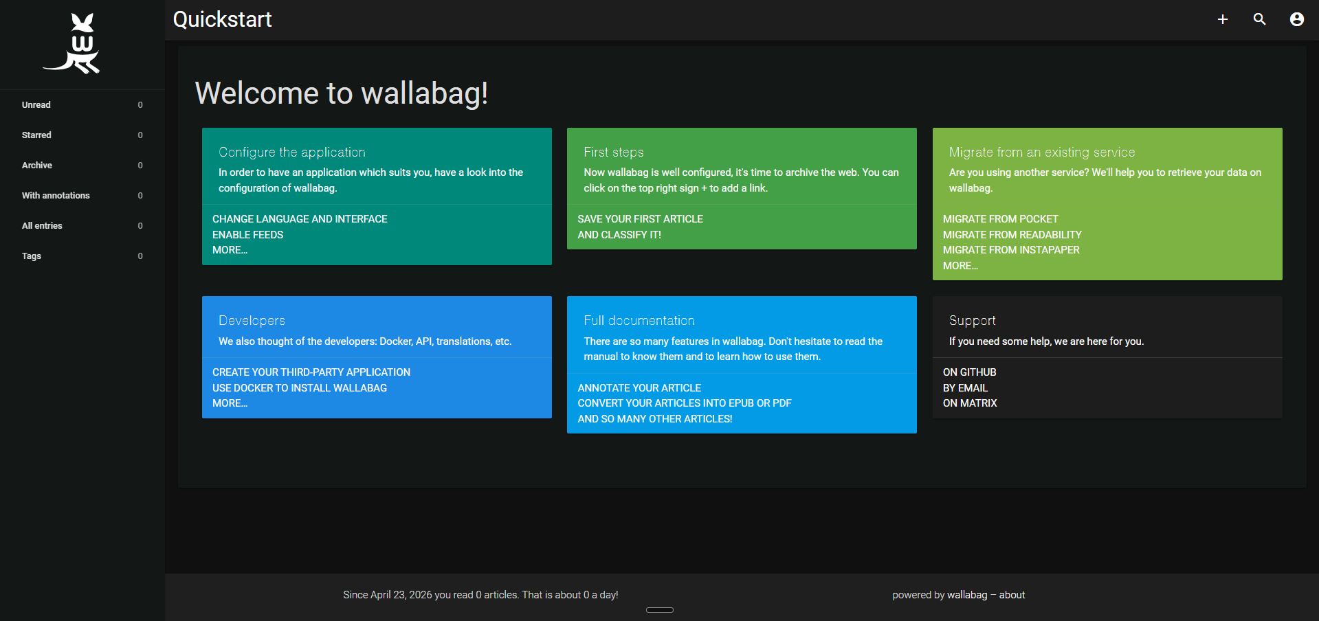 Wallabag dashboard screenshot