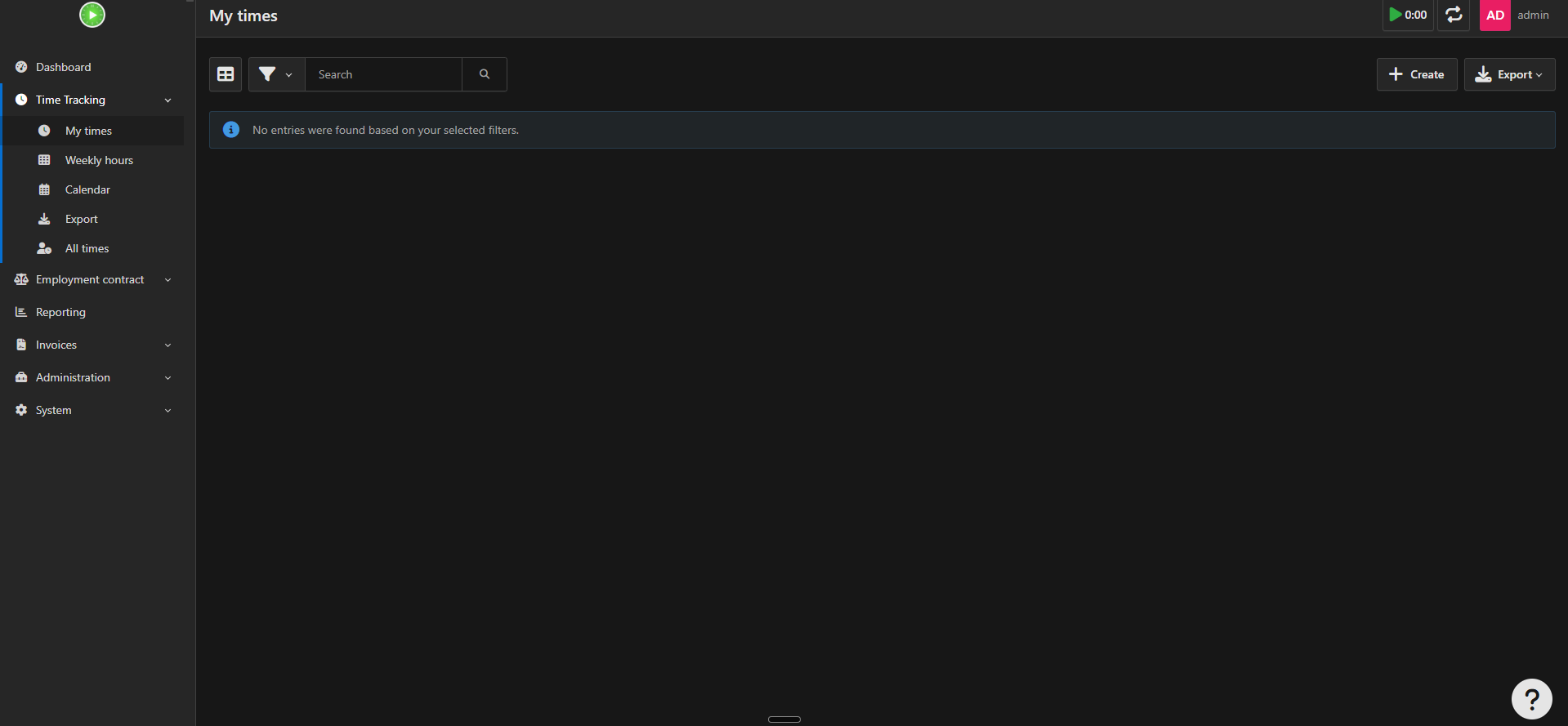 Kimai dashboard screenshot