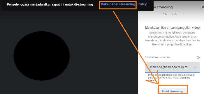 Memulai streaming dari sisi pemateri melalui link google meet