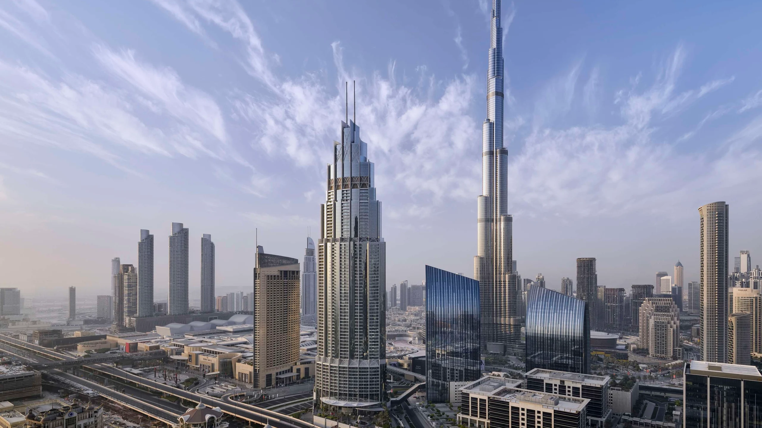 Downtown Dubai skyline with Burj Khalifa and Kempinski The Boulevard