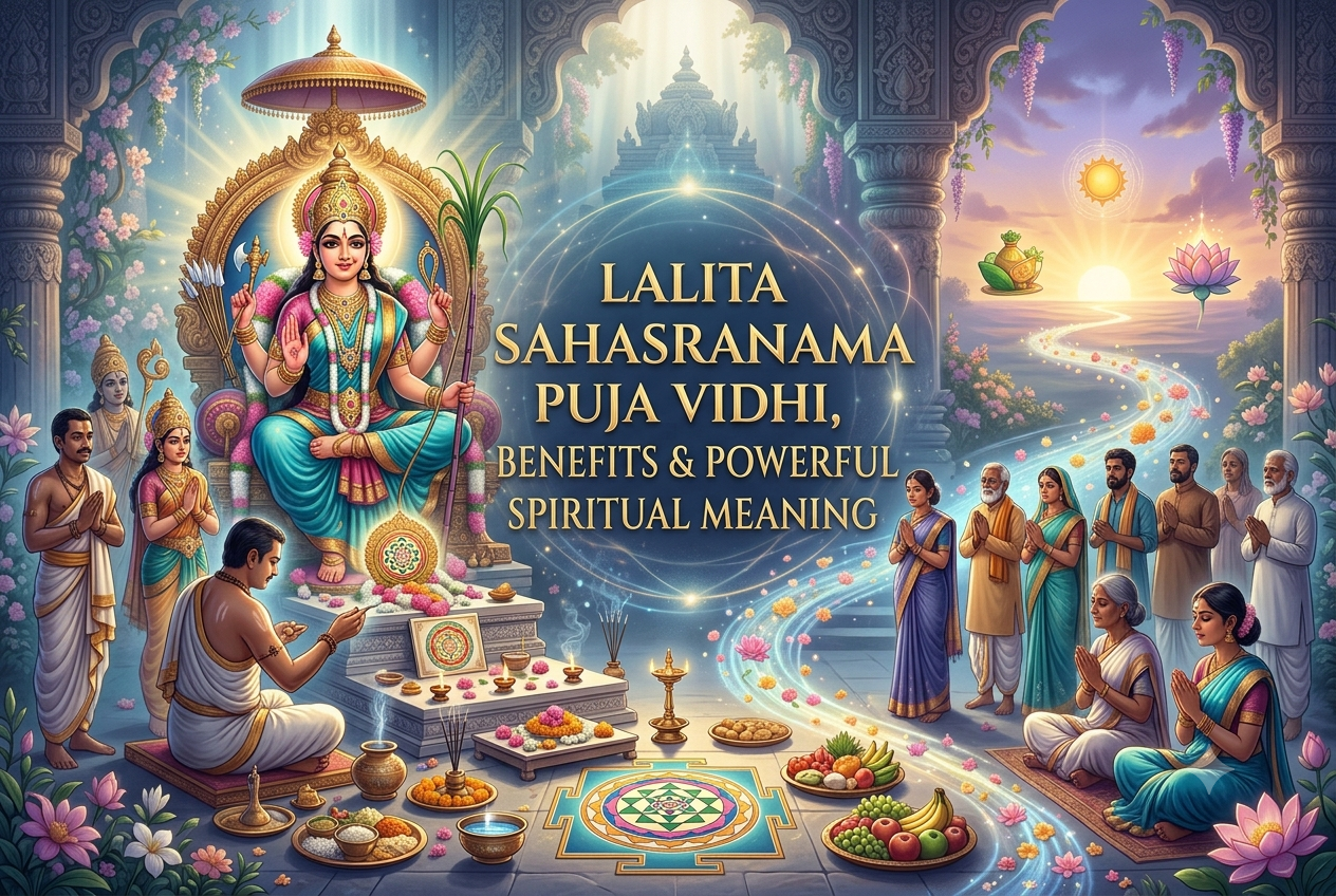Lalita Sahasranama Puja ritual setup with deity idol