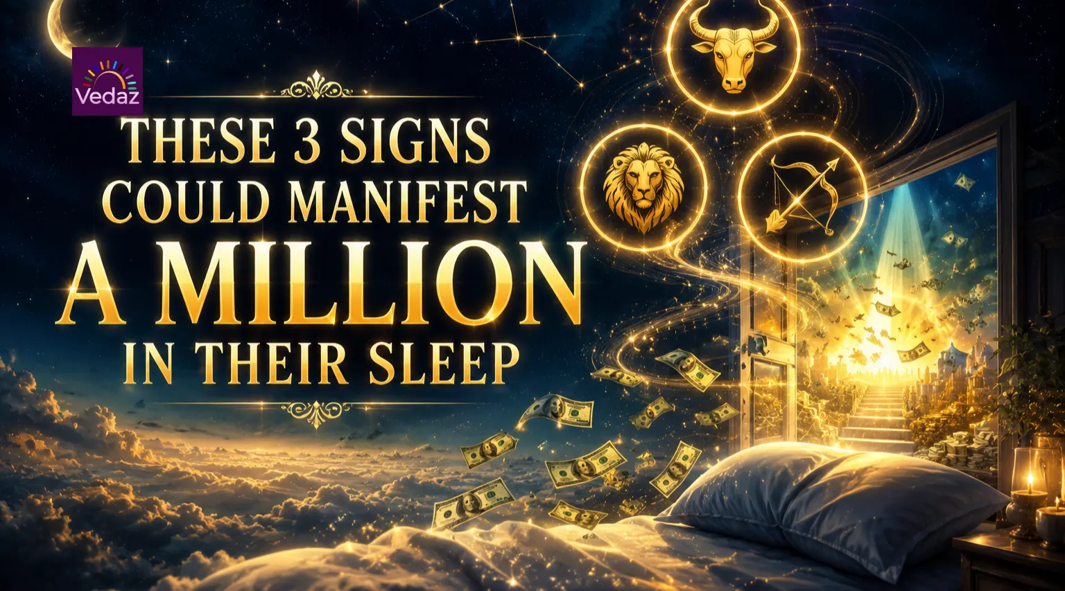 Bull, lion, and archer icons above bed with floating cash