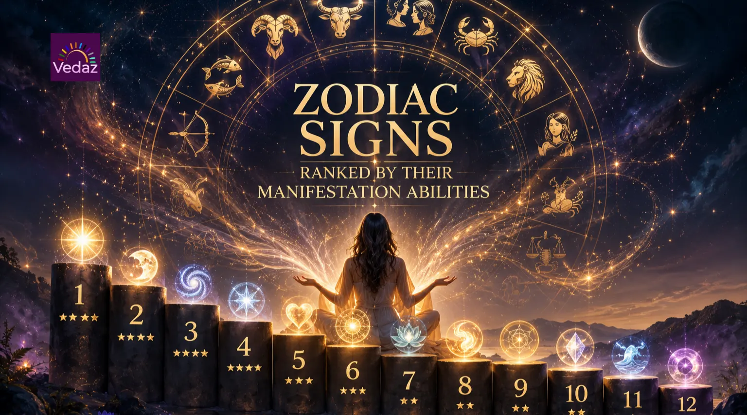 Woman kneeling before numbered pillars under zodiac wheel
