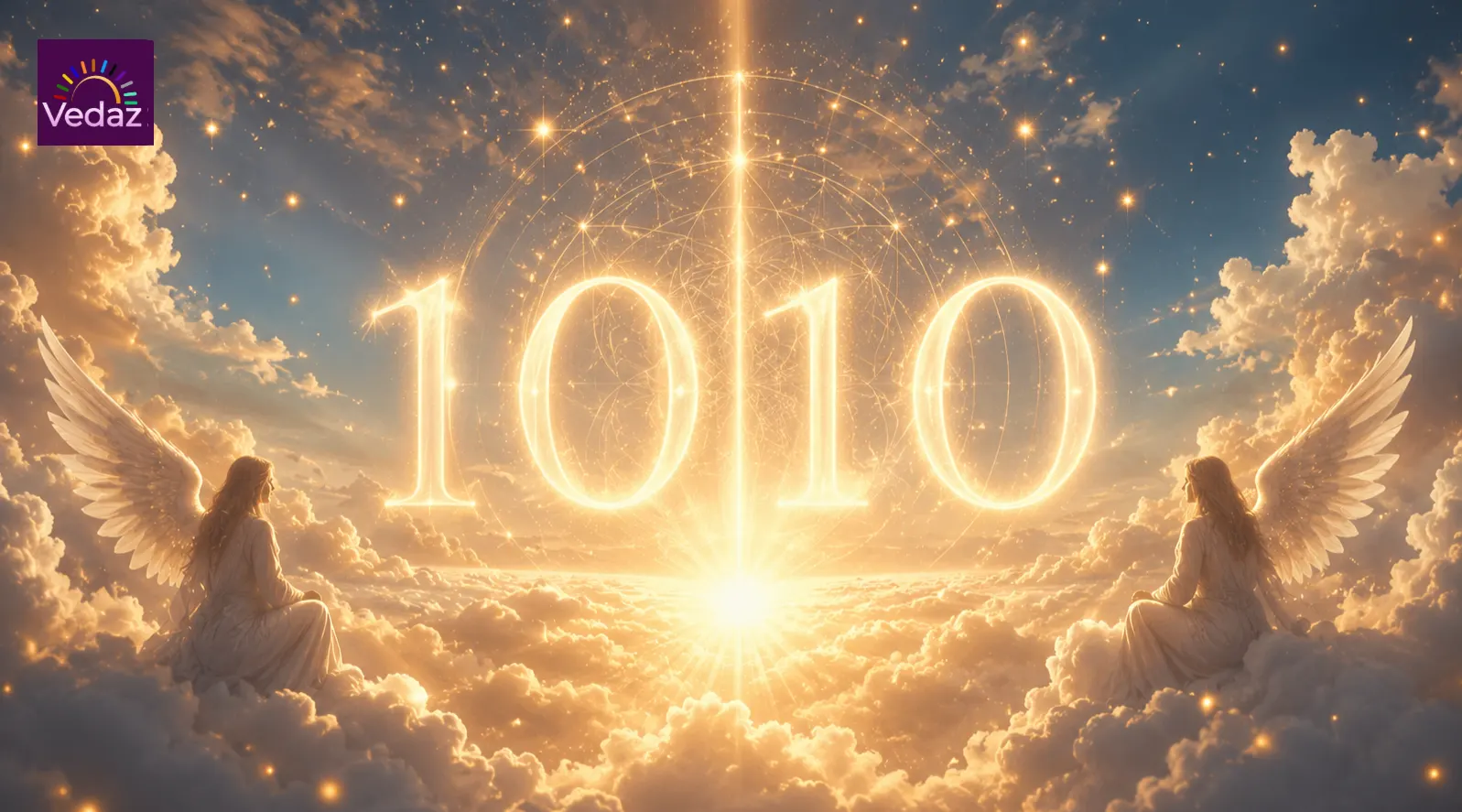Woman facing glowing 1010 between winged figures and clouds