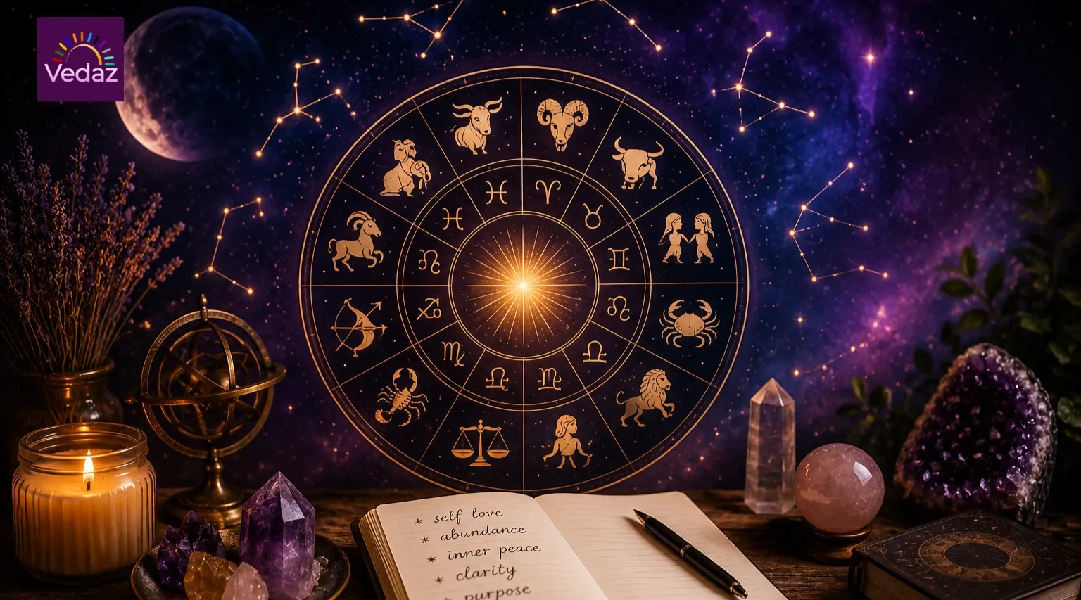 Golden zodiac wheel beside crystals, candle, and open journal