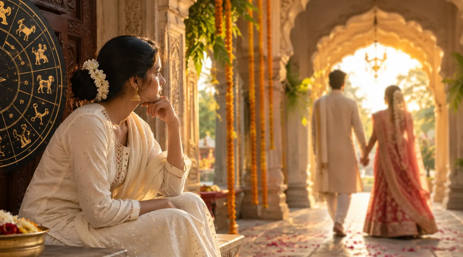 Woman beside brass lamps, astrology chart, couple through archway
